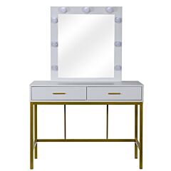 Makeup Dressing Table With Led Dimmable Bulbs, Makeup Table With Two Drawers And Cushioned Stool For Bedroom Furniture - White