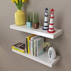 2 White Mdf Floating Wall Display Shelves Book/dvd Storage - White