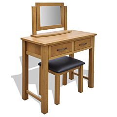 Solid Oak Wood Dressing Table With Stool - Brown