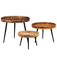 Table Set 3 Pieces Solid Mango Wood And Steel - Brown