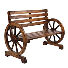 Rustic 2-person Wooden Wagon Wheel Bench With Slatted Seat And Backrest Xh - As Picture