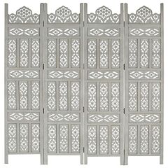 Hand Carved 4-panel Room Divider Gray 63"x65" Solid Mango Wood - Grey