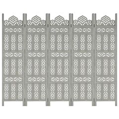 Hand Carved 5-panel Room Divider Gray 78.7"x65" Solid Mango Wood - Grey