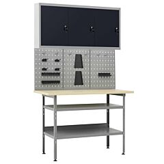 Workbench With Three Wall Panels And One Cabinet - Grey