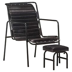 Relaxing Armchair With A Footrest Black Real Leather - Black