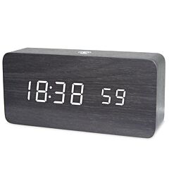 Smart App Led Wooden Digital Alarm Clock Voice Control Thermometer Display Black - Black