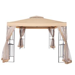 10' X 10' Steel Outdoor Patio /gazebo /garden Canopy With Removable Mesh Curtains,double Tier Roof , & Steel Frame, Beige Top Cloth - Beige