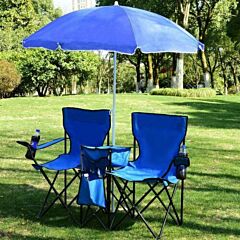 Camping Portable Outdoor 2-seat Folding Chair With Removable Sun Umbrella Blue - Blue