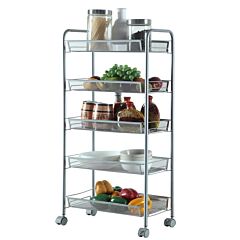5-tier Storage Cart Rolling Trolley, Push Organizer Utility Cart With Lockable Wheels, Hooks, For Home Kitchen, Office - Silver