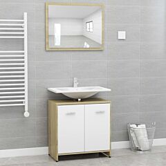 Bathroom Furniture Set White And Sonoma Oak Chipboard - Beige