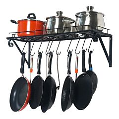 Wall Hanging Pot Rack Mounted Storage Shelf With S Hooks For Pans, Utensils, Books, Plant Black - Black