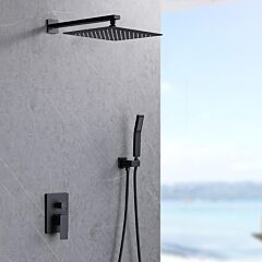 Shower System Shower Faucet Combo Set Wall Mounted With 12" Rainfall Shower Head And Handheld Shower Faucet, Matt Black Finish With Brass Valve Rough-in - Black