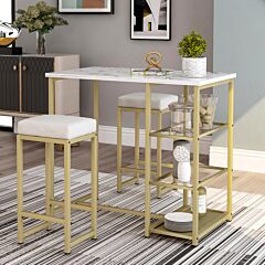 3-piece Modern Pub Set With Faux Marble Countertop And Bar Stools, White/gold - White