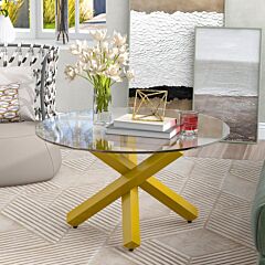 3 Legs Simple & Modern Style Coffee Table Cocktail Table With Tempered Glass Tabletop And Steel Pipes With Adjustable Plastic Pads Easy Assembly, Gold - Gold