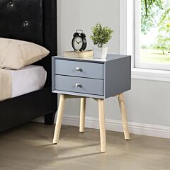 Side Table With 2 Drawer And Rubber Wood Legs, Mid-century Modern Storage Cabinet For Bedroom Living Room Furniture, Gray - Gray