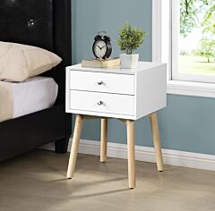Side Table With 2 Drawer And Rubber Wood Legs, Mid-century Modern Storage Cabinet For Bedroom Living Room Furniture, White - White