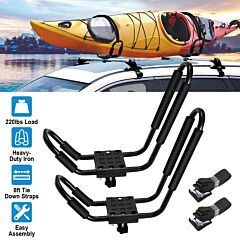 1 Pair Universal J-bar Kayak Carrier 220lbs Load Heavy Duty Canoe Car Top Mount Carrier Roof Rack With 2pcs Tie Down Straps - Black