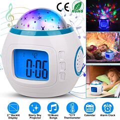 Kids Music Star Sky Led Projection Lamp Digital Alarm Clock Thermometer Calendar Lights - White
