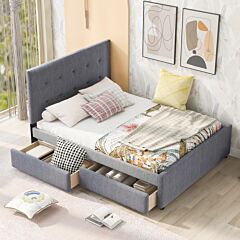Queen Size Linen Upholstered Platform Bed With Headboard And Two Drawers,gray - Gray