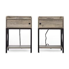 Set Of 2 Wood Nightstand, Farmhouse End Table With Charging Station, Usb Ports, Cabinet, And Shelf, Sofa Bed Side Table For Bedroom Living Room, Adjustable Foot Pads - Rustic Gray