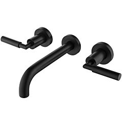 Rbrohant Double Handles Bathroom Sink Faucet, Matte Black Wall Mounted Vanity Faucet, Solid Brass Three Holes Round Basin Faucet - Matt Black