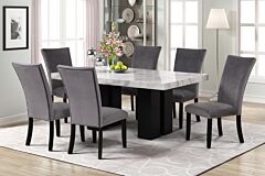 Faux Marble Dining Table With Six Velvet Chairs,gray - As Picture