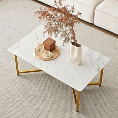 Sintered Stone Rectangle Coffee Table,gold Carbon Steel Frame With Carrara White Marble Color Top-43.7" - Gold