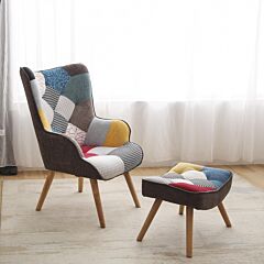 Chair And Ottoman, Accent Chairs For Bedroom, Modern Colourful And Patchwork Reading Chair With Solid Wood Legs, Linen Fabric Napping Armchair For Living Room - Multicolor