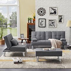 Convertible Fabric Folding Sofa Bed With 2 Cup Holders, Removable Armrest And Metal Legs, Single Sofabed With Ottoman , 3 Pcs For 1 Sets . - As Picture