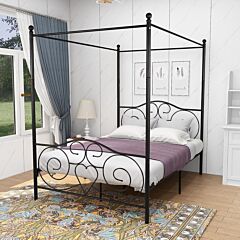 Metal Canopy Bed Frame With Vintage Style Headboard &amp; Footboard Sturdy Steel Holds 400-600lbs Perfectly Fits Your Mattress Easy Diy Assembly All Parts Included, Full Black - As Picture