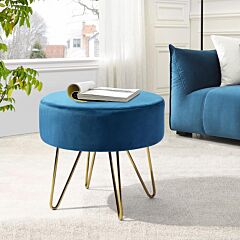 17.7 Inches Teal And Gold Decorative Round Shaped  Ottomans With Metal Legs - As Picture
