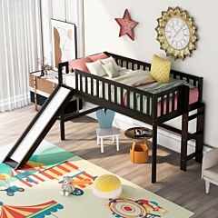 Twin Size Low Loft Bed With Ladder And Slide - Espresso