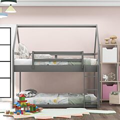 Twin Over Twin Low Bunk Bed, House Bed With Ladder - Gray