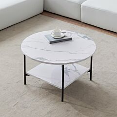 Modern Round Coffee Table With Storage,black Metal Frame With Marble Color Top-31.5" - Black