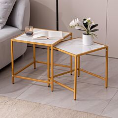 Nesting End/side Table,night Stand 2-piece Set,square Sintered Stone Top With Golden Metal Frame - Golden